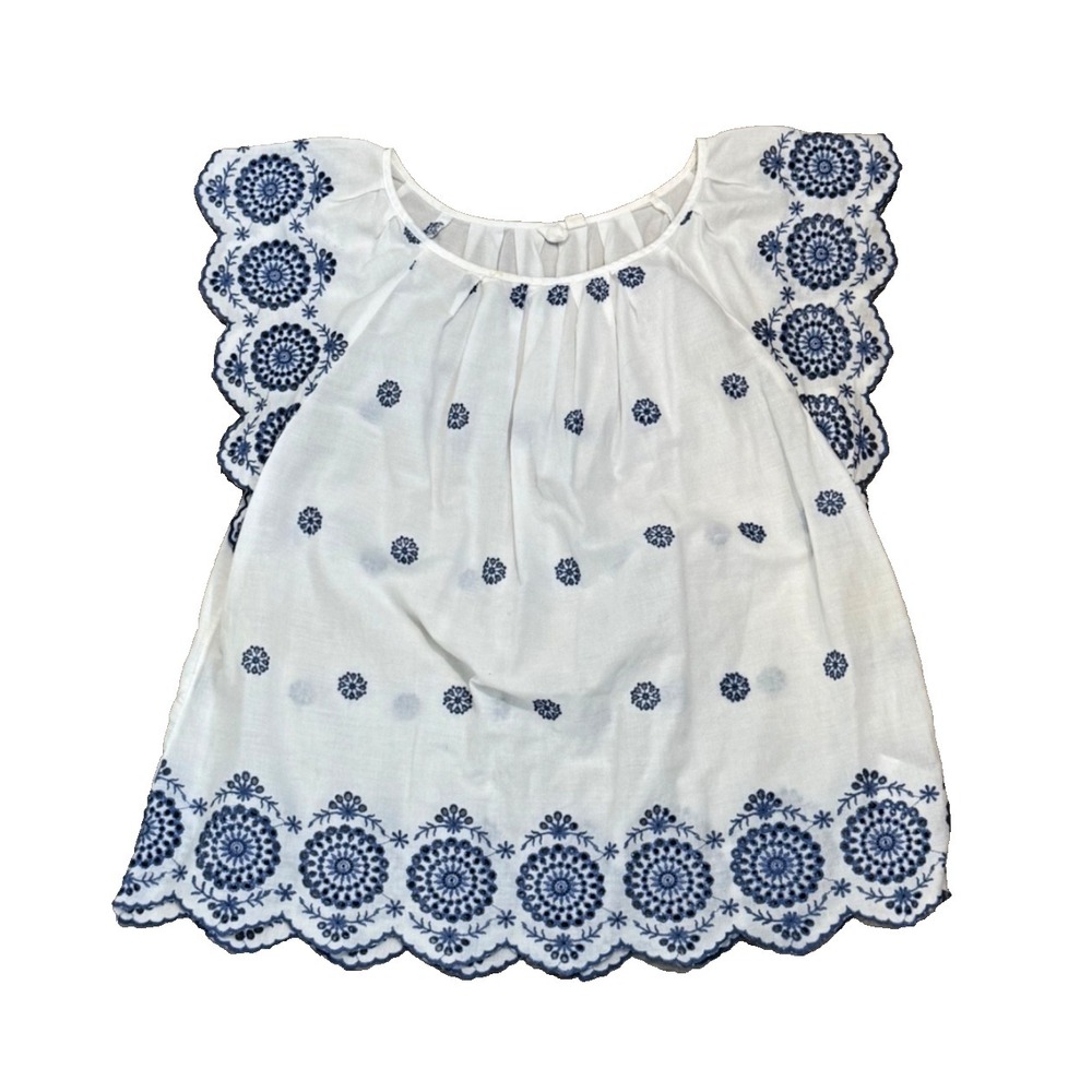 GAP Women's White Peasant Blouse; Blue Embroidery; Eyelet; Ruffle Sleeve - Small